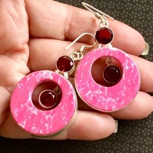 Pink Howlite + Red Garnet Earrings Modern Faceted